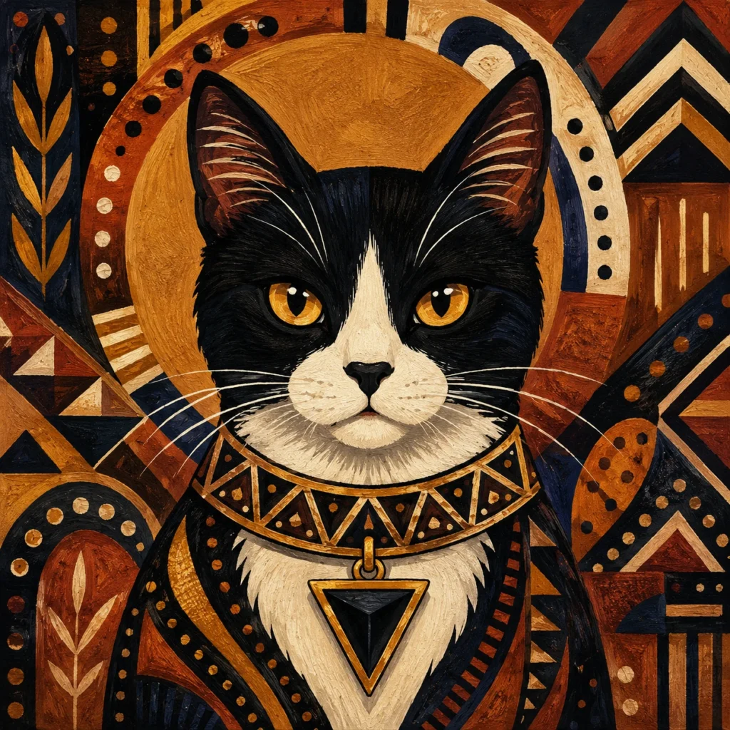 アフリカンアート風の猫イラスト｜Pulse AI Prompt Sample