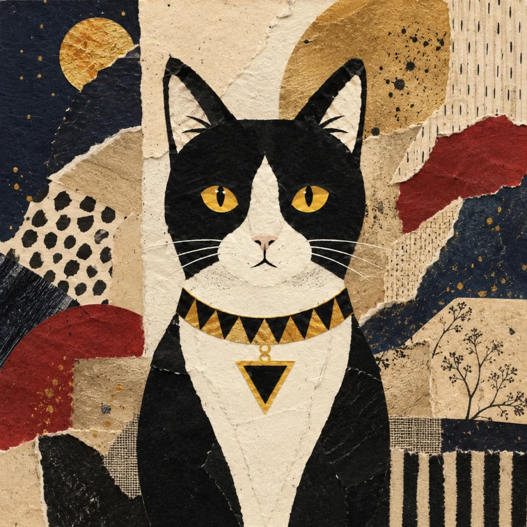 コラージュ・混合技法風の猫イラスト｜Pulse AI Prompt Sample
