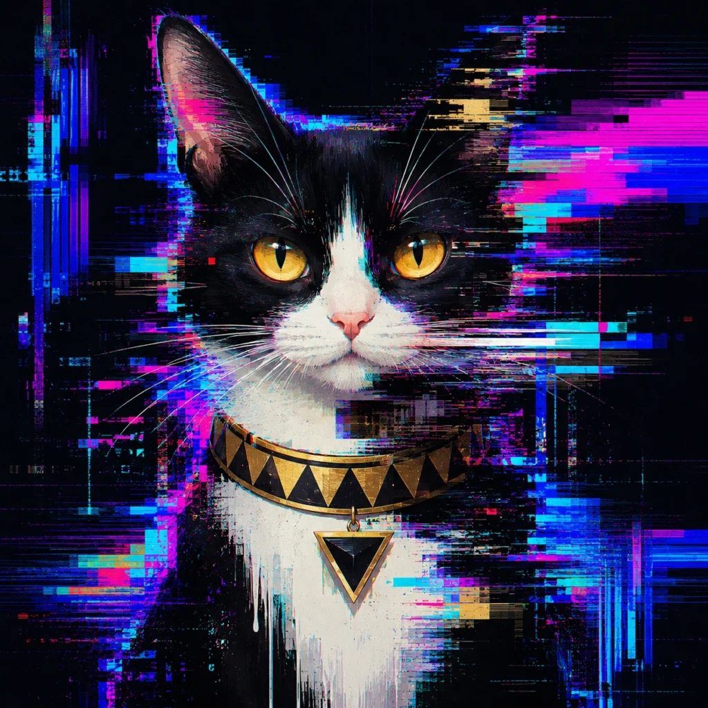データモッシュ・グリッチアート風の猫イラスト｜Pulse AI Prompt Sample