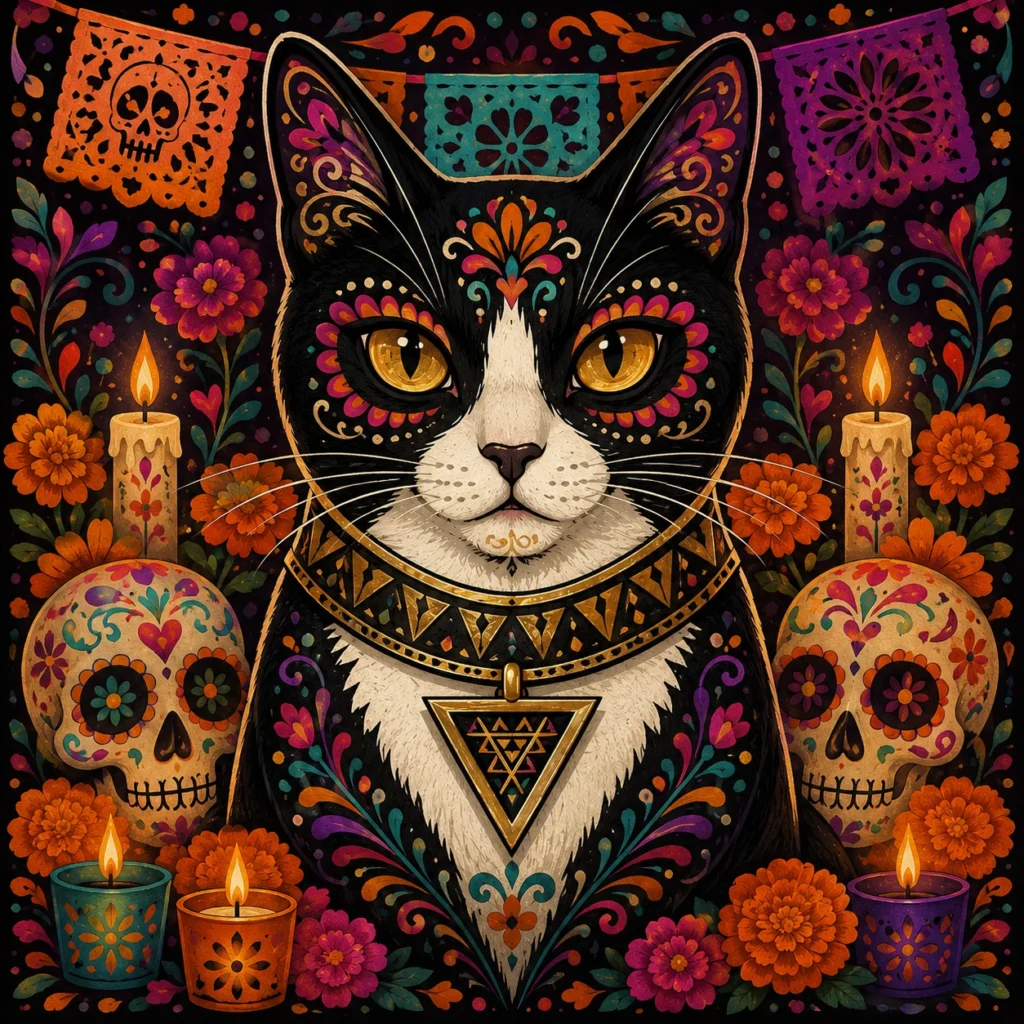 ディアデロスムエルトス風の猫イラスト｜Pulse AI Prompt Sample