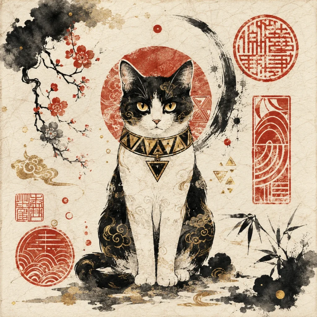 御朱印風の猫イラスト｜Pulse AI Prompt Sample