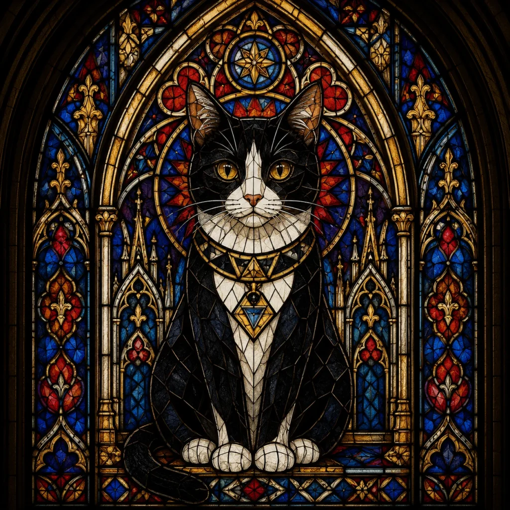 ゴシック建築・ステンドグラス風の猫イラスト｜Pulse AI Prompt Sample