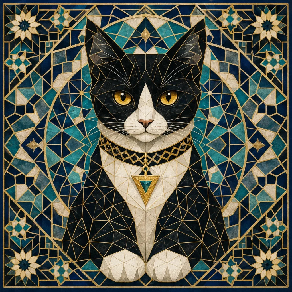 イスラム幾何学模様風の猫イラスト｜Pulse AI Prompt Sample