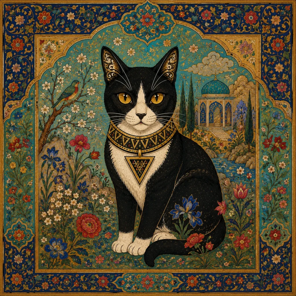 ペルシャ細密画風の猫イラスト｜Pulse AI Prompt Sample