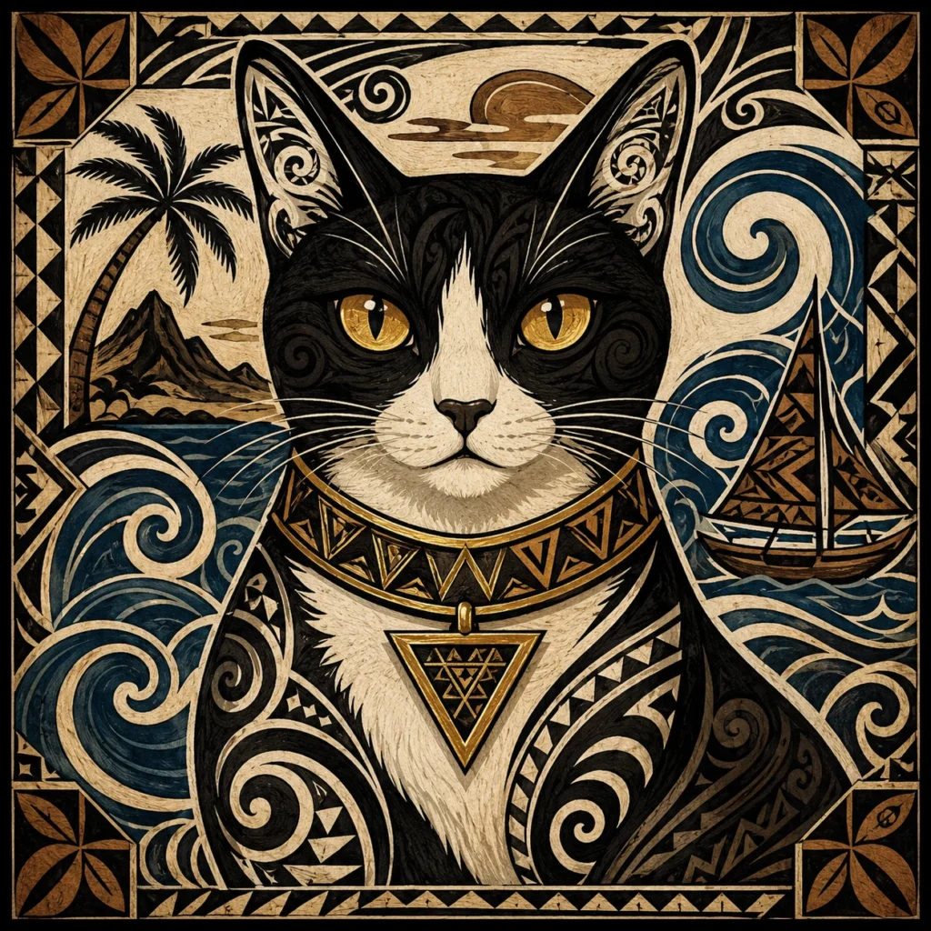 ポリネシア・タトゥー風の猫イラスト｜Pulse AI Prompt Sample