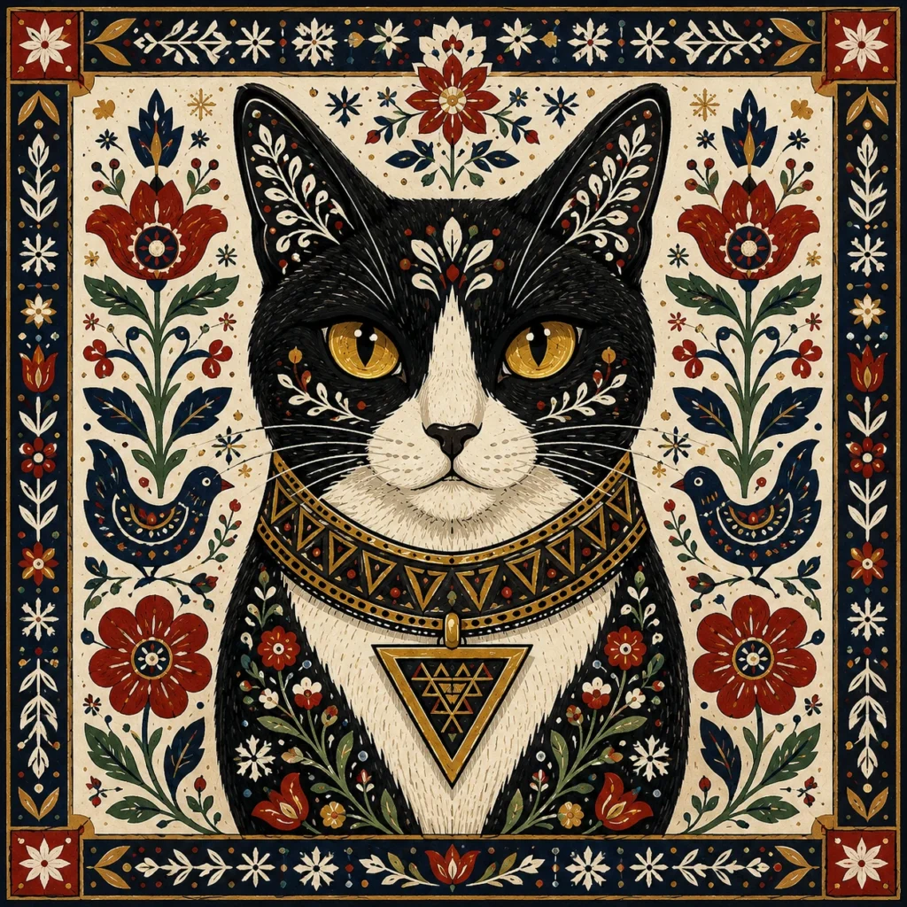 スカンジナビア民族模様風の猫イラスト｜Pulse AI Prompt Sample