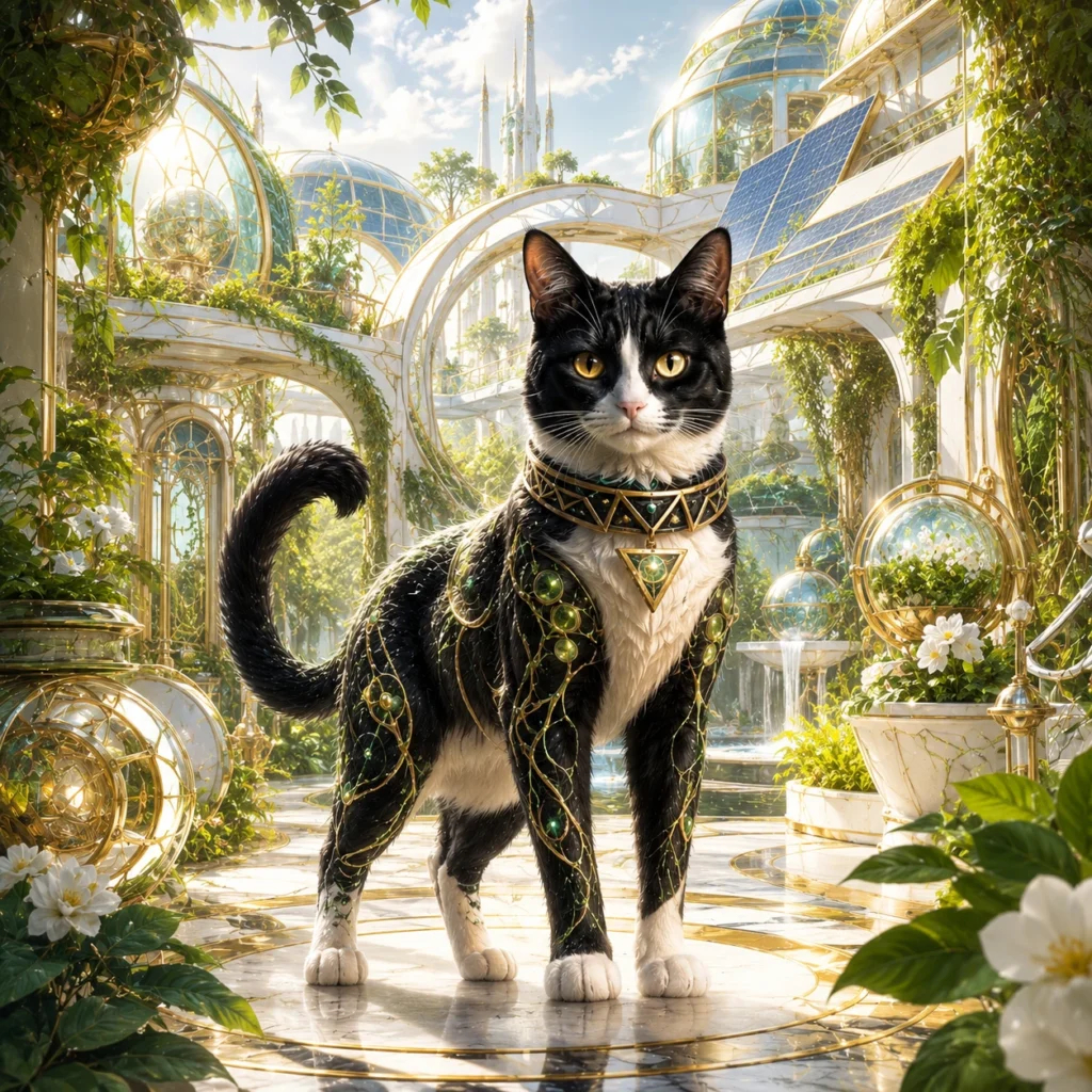 ソーラーパンク風の猫イラスト｜Pulse AI Prompt Sample