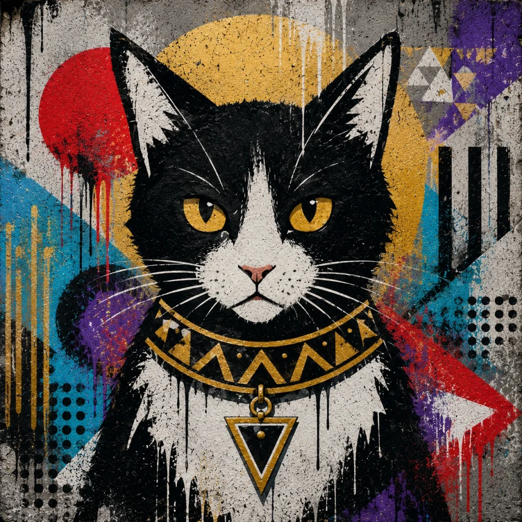 ストリートアート・グラフィティ風の猫イラスト｜Pulse AI Prompt Sample