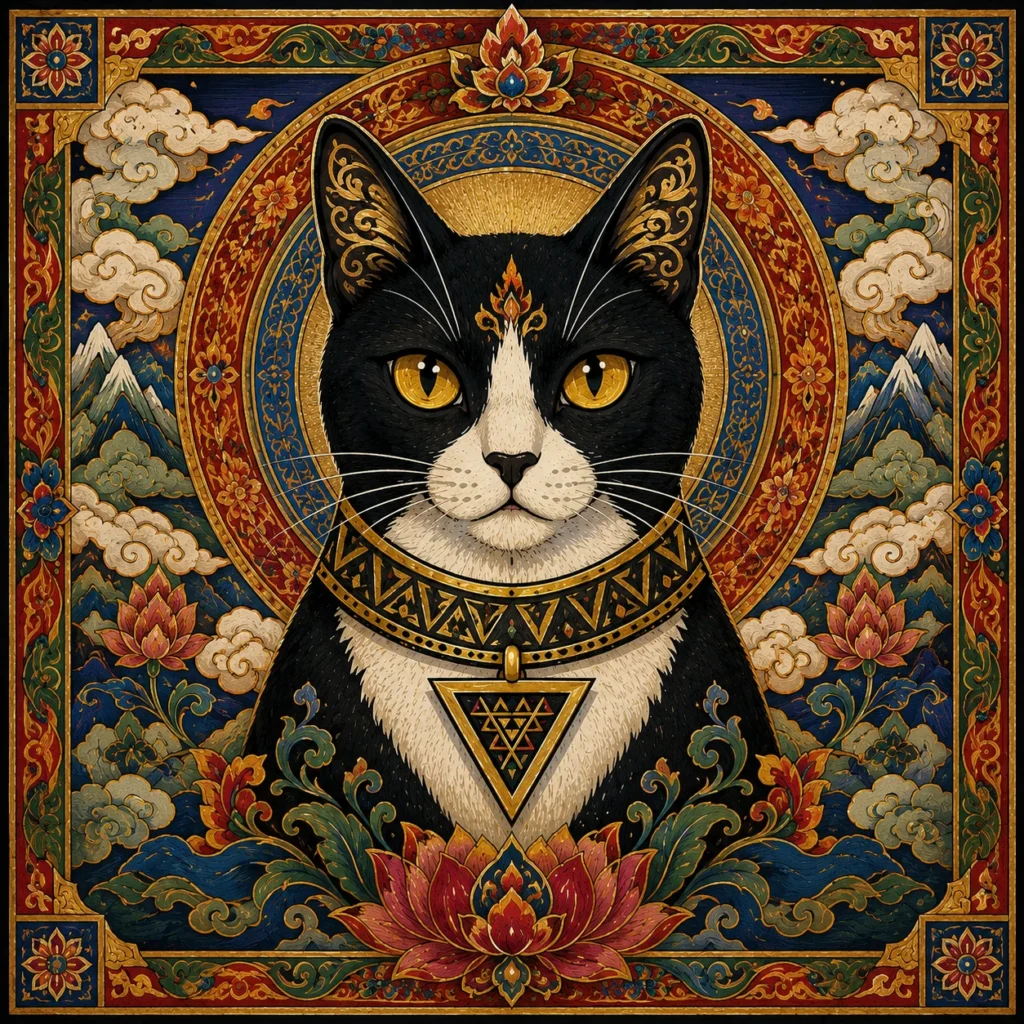 チベット・タンカ絵画風の猫イラスト｜Pulse AI Prompt Sample