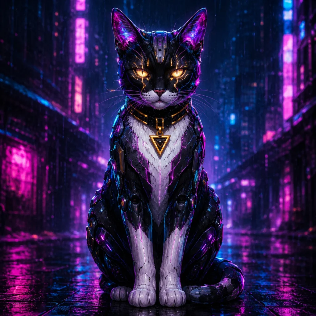 サイバーパンク風の猫イラスト｜Pulse AI Prompt Sample