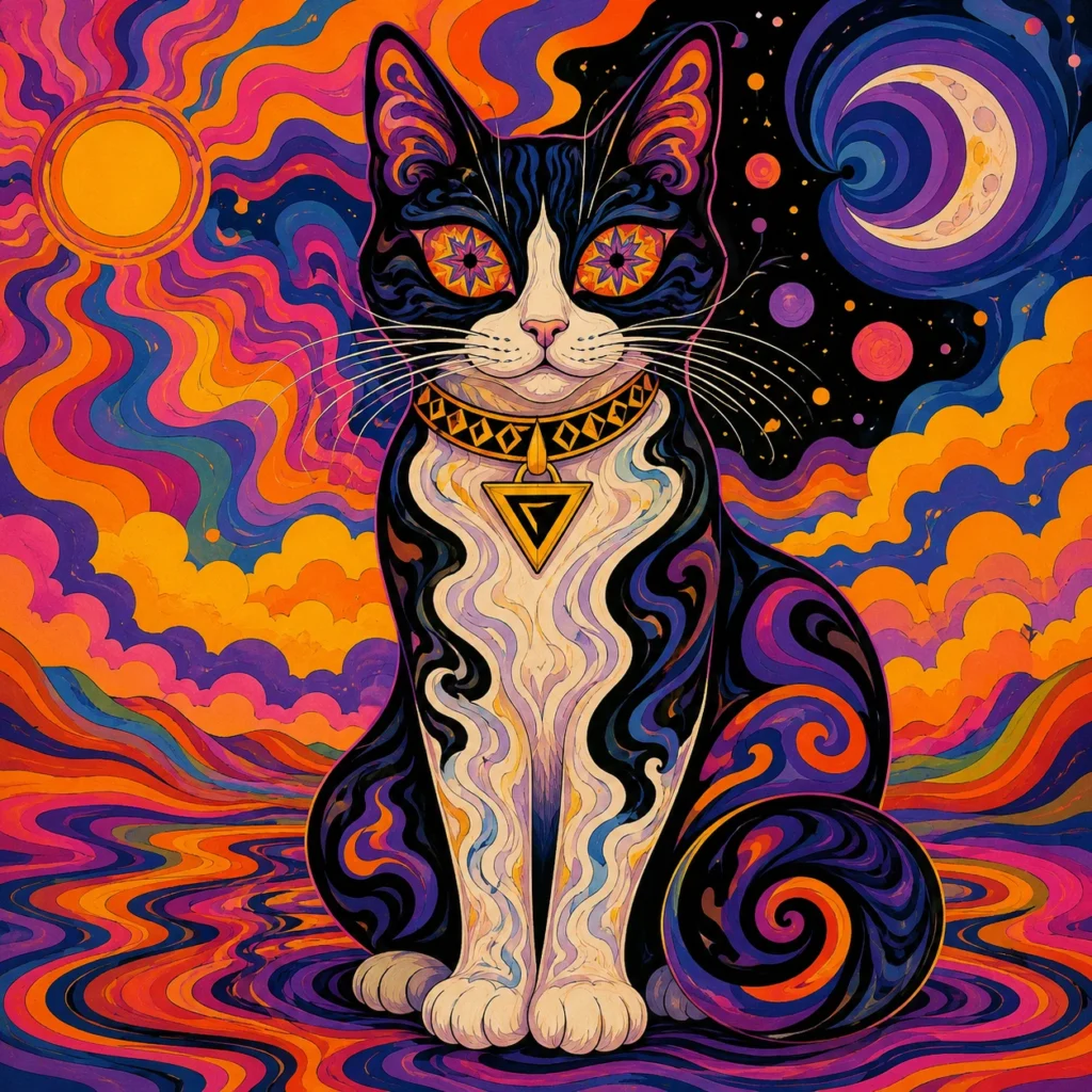 サイケデリック60s風の猫イラスト｜Pulse AI Prompt Sample