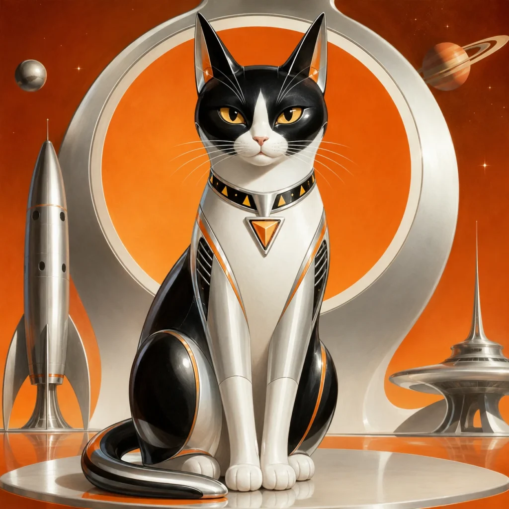 レトロフューチャー風の猫イラスト｜Pulse AI Prompt Sample