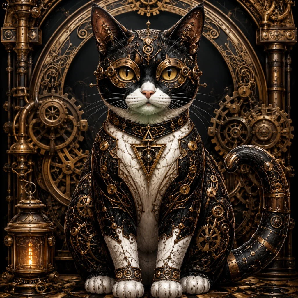 スチームパンク風の猫イラスト｜Pulse AI Prompt Sample