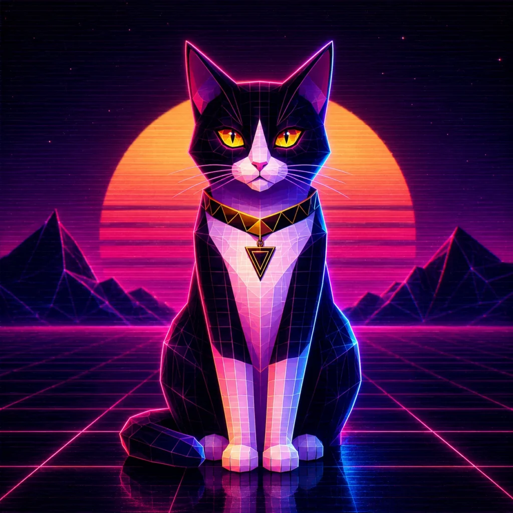 ローファイ・シンセウェーブ風の猫イラスト｜Pulse AI Prompt Sample