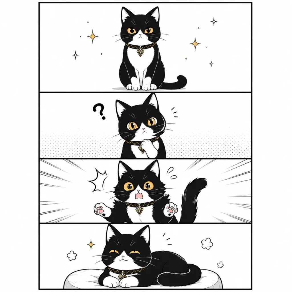 4コマ漫画風の猫イラスト｜Pulse AI Prompt Sample