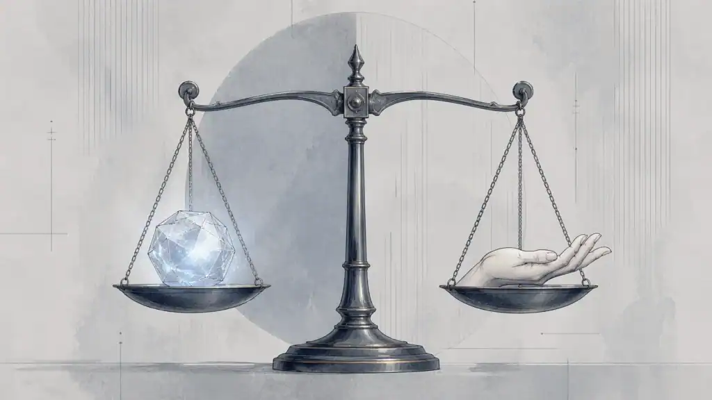 AIとの適切な関わり方を示す天秤と手のイラスト.