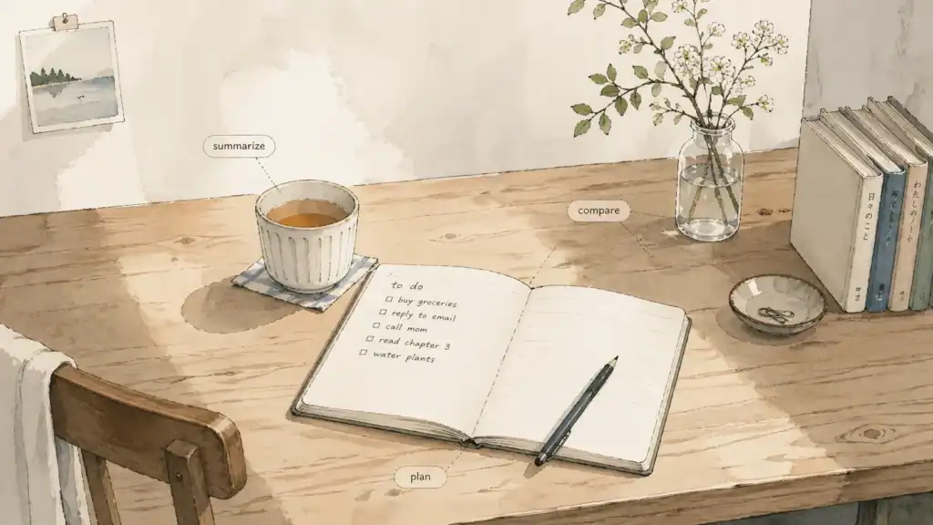 ノートとペン、コーヒー、書籍が並ぶデスクの風景。