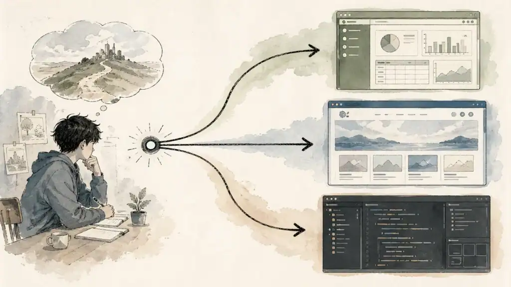 AIアプリ作成ツール比較 3方向の分岐図