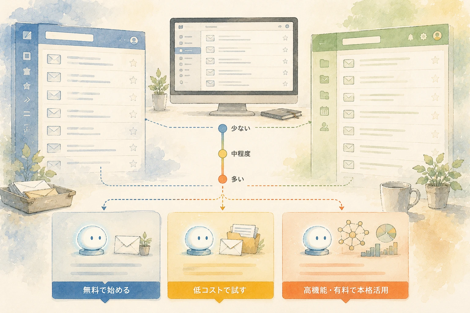 GmailとOutlookのパネルと無料・低コスト・有料カードを中央受信トレイで結んだ比較記事アイキャッチ