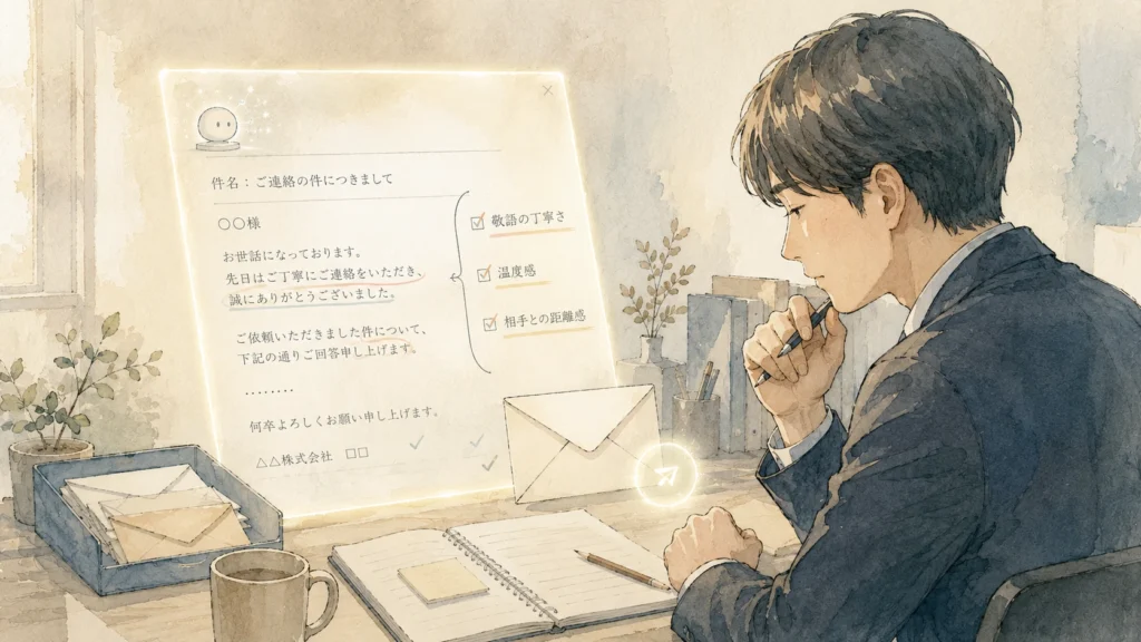 AI生成のメール下書きを送信前に人が確認している横顔のイラスト