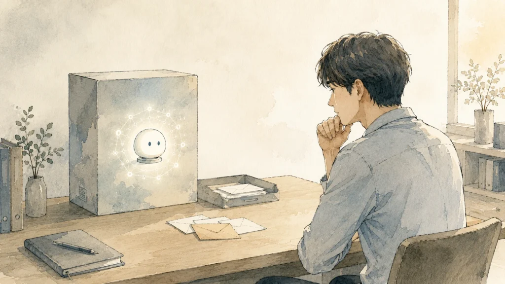 大きなツールの箱を脇に置き少数の封筒だけの机で仕事する人物のイラスト