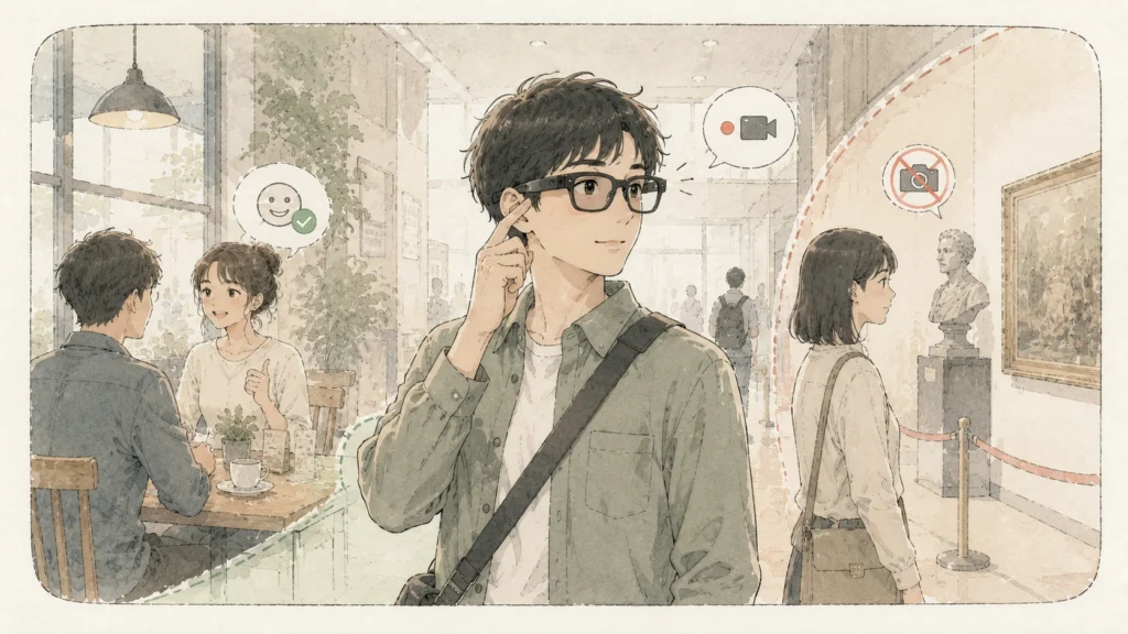 カメラ付きAIグラスの撮影マナーと注意点を示すイラスト カメラ付きAIグラスの撮影マナーと注意点を示すイラスト