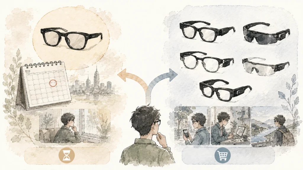 Ray-Ban Metaを待つか今すぐ買うかの判断分岐図 Ray-Ban Metaを待つか今すぐ買うかの判断分岐図