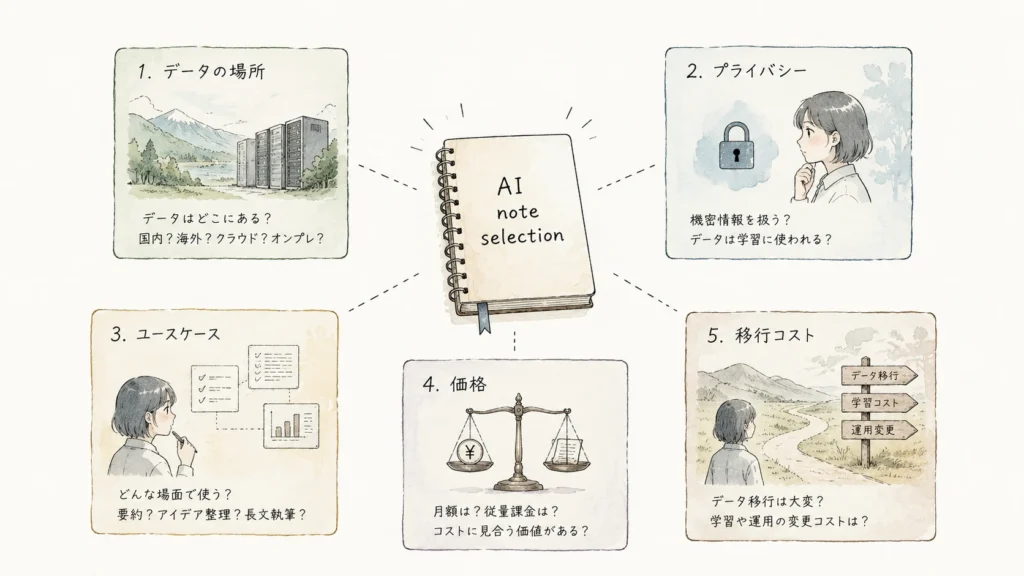 AIノートアプリを選ぶ5つの判断軸の整理図 AIノートアプリを選ぶ5つの判断軸の整理図
