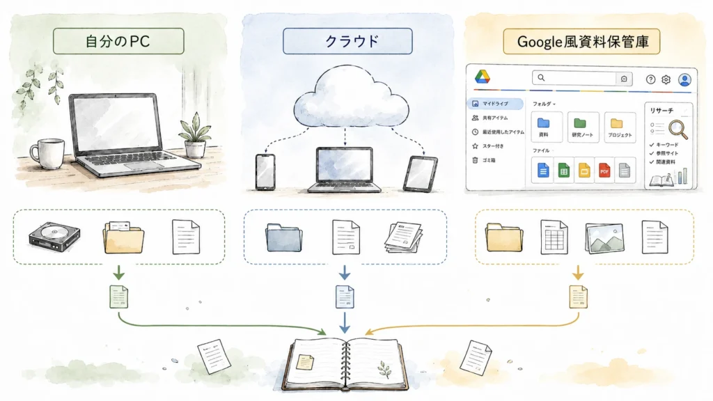 AIノートのデータ保存先の違いを示す比較図 AIノートのデータ保存先の違いを示す比較図