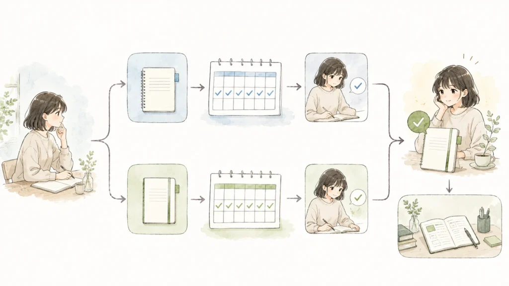 AIノートアプリを1週間ずつ試して選ぶ手順の図 AIノートアプリを1週間ずつ試して選ぶ手順の図