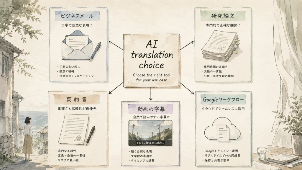 AI翻訳ツールを用途ごとに選ぶ分類図