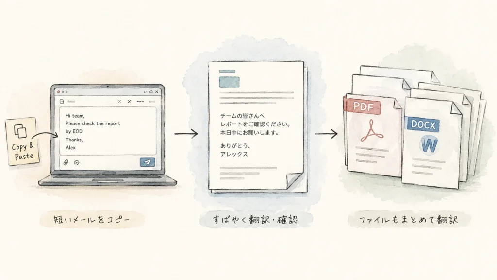 DeepLでのコピペからファイル翻訳までの作業フロー図