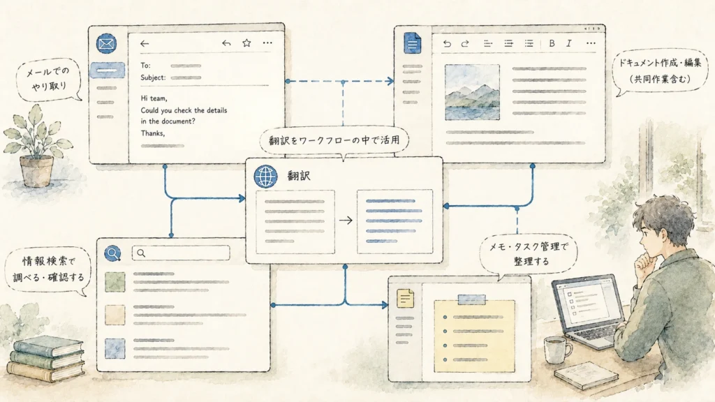 メール・論文・契約書・字幕の用途別AI翻訳ツール比較図
