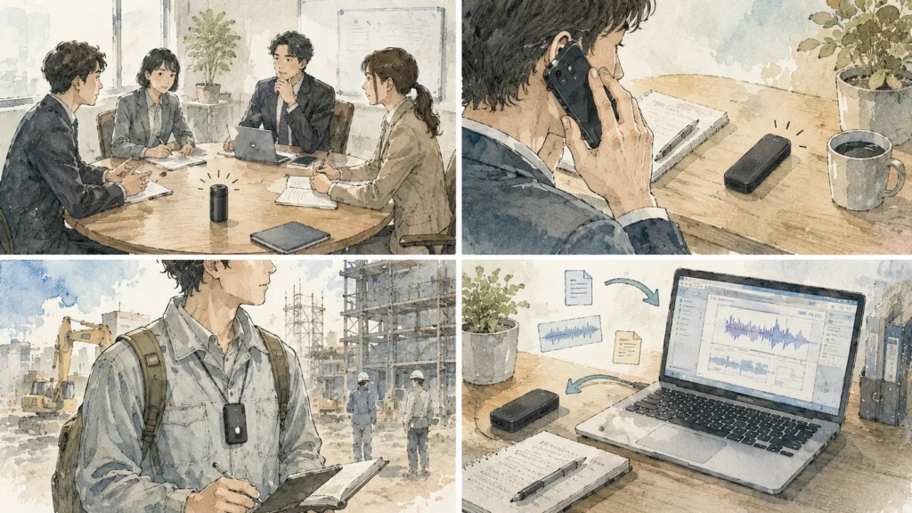 対面会議・通話・現場記録・PC連携の録音シーン比較 対面会議・通話・現場記録・PC連携の録音シーン比較