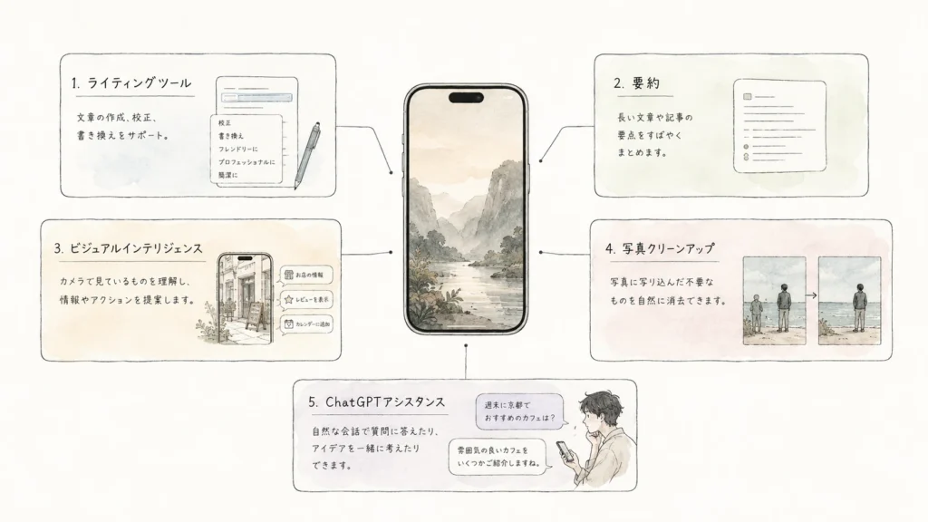 Apple Intelligenceで最初に試す5機能の図解 Apple Intelligenceで最初に試す5機能の図解