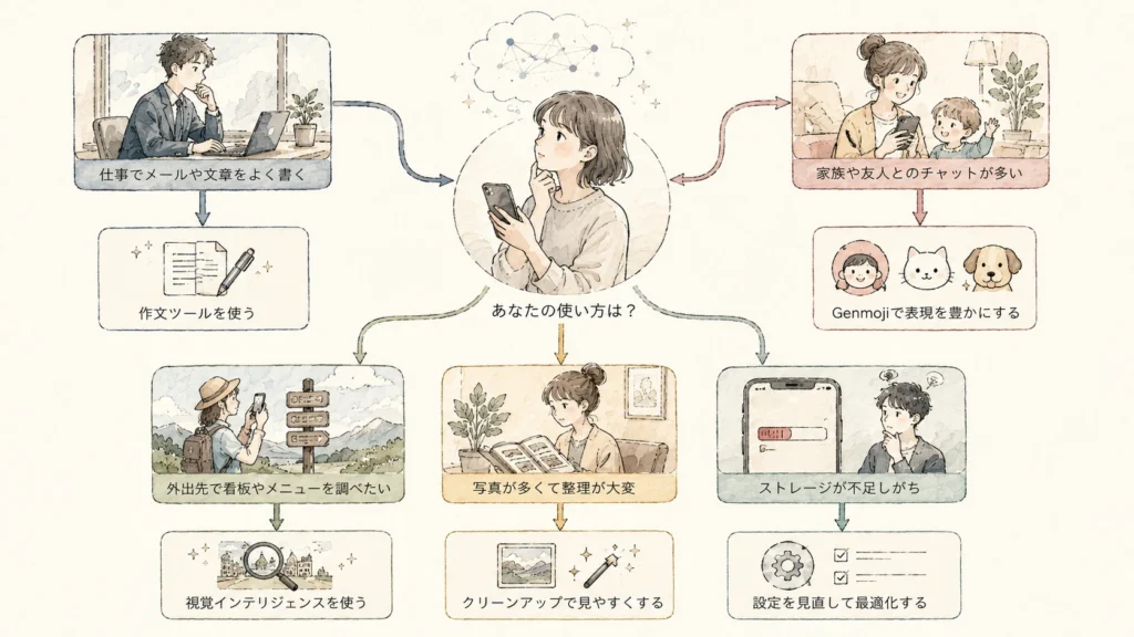 使い方別にApple Intelligence機能を選ぶフロー図 使い方別にApple Intelligence機能を選ぶフロー図