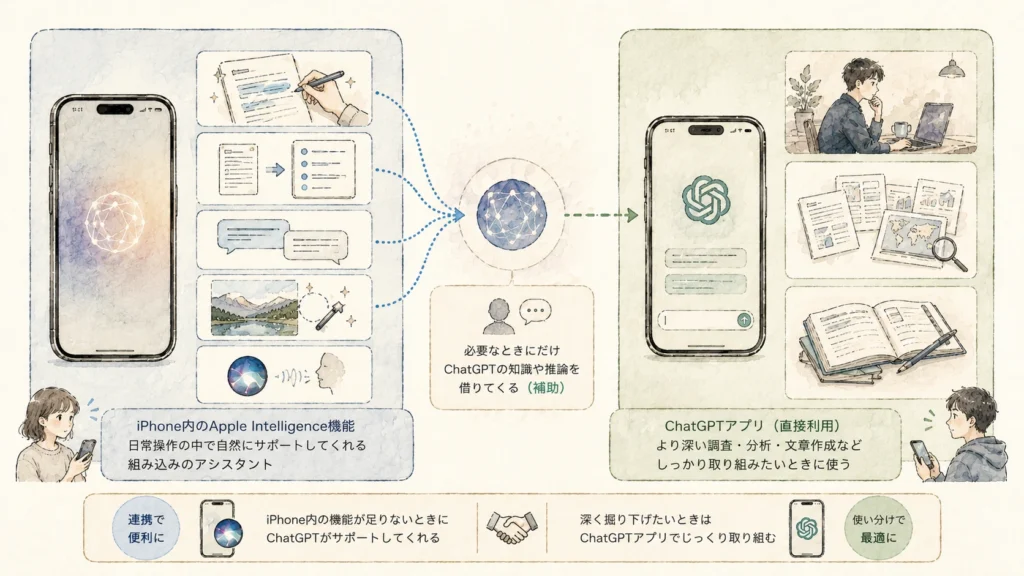 Apple IntelligenceのChatGPT連携と直接利用の比較図 Apple IntelligenceのChatGPT連携と直接利用の比較図