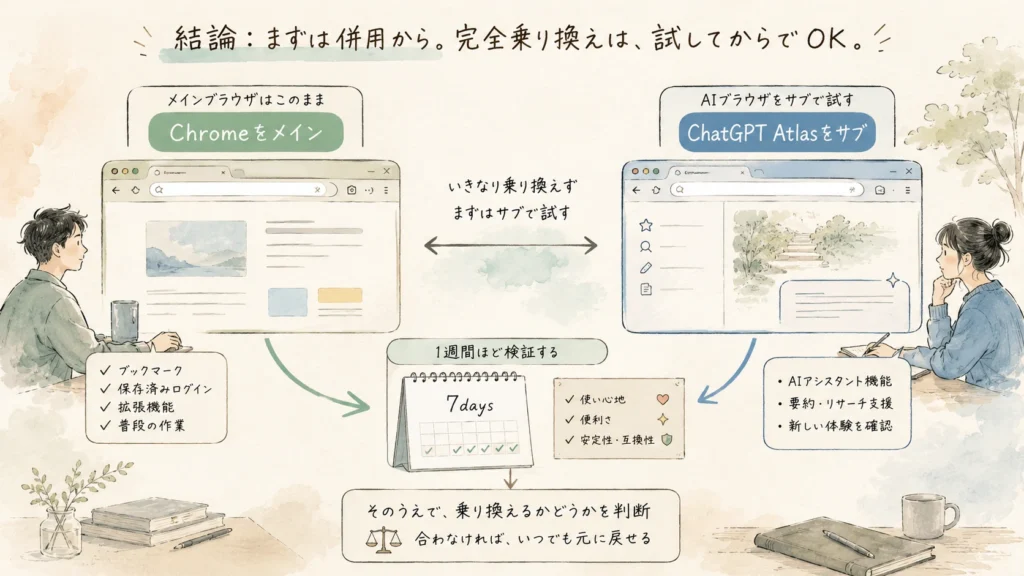 ChromeをメインにAtlasをサブで試す手順を示した図 ChromeをメインにAtlasをサブで試す手順を示した図