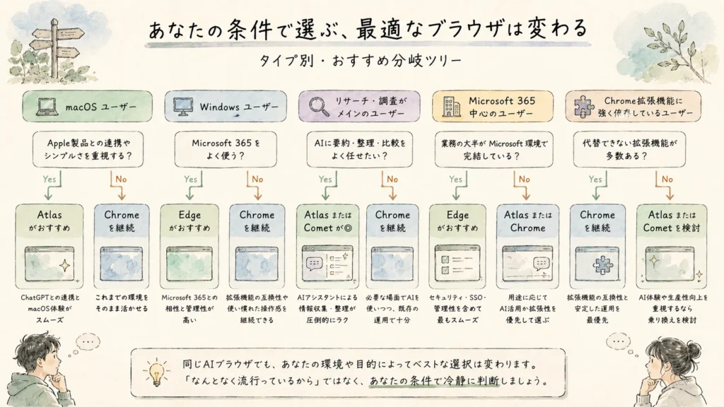利用環境別のAIブラウザ選択分岐ツリー 利用環境別のAIブラウザ選択分岐ツリー