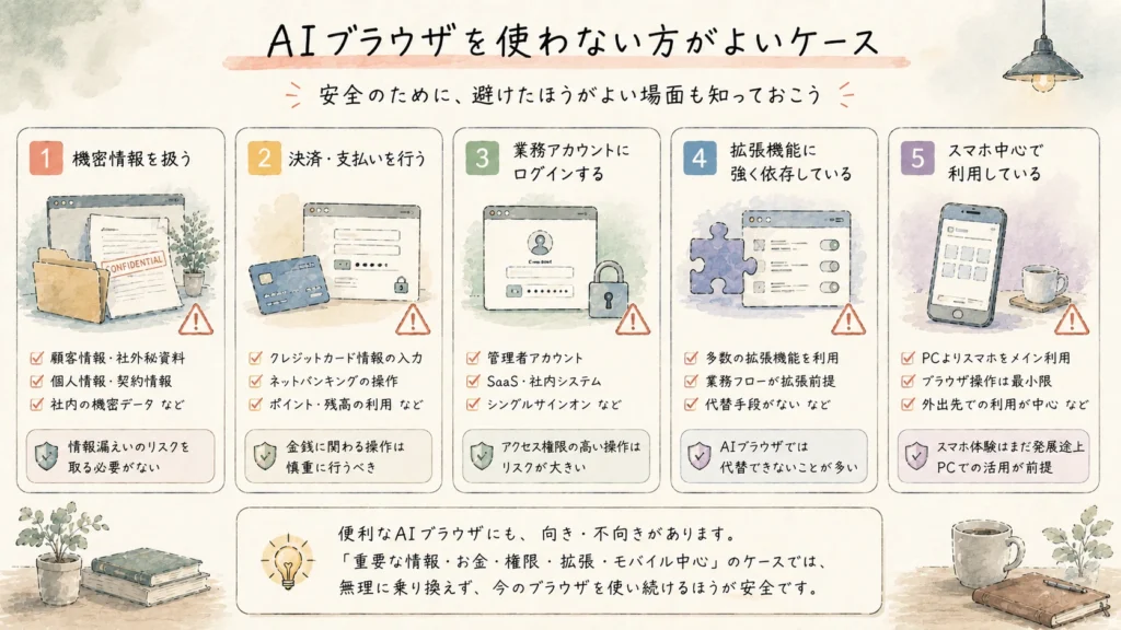 AIブラウザへの完全移行が向かないケースの整理 AIブラウザへの完全移行が向かないケースの整理