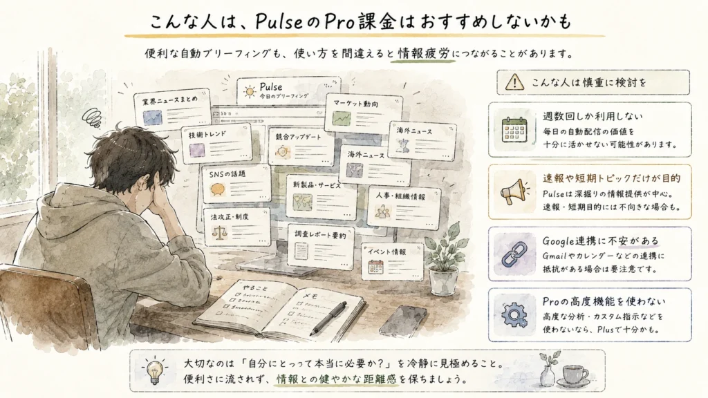 ChatGPT Pulseが向かないケースを示す図 ChatGPT Pulseが向かないケースを示す図