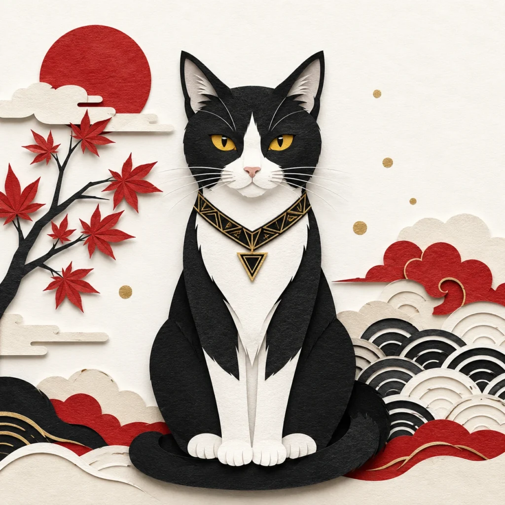 切り絵風の猫イラスト｜Pulse AI Prompt Sample