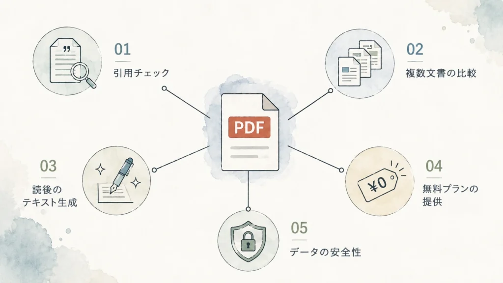 PDFを読むAIを選ぶ際の複数の評価軸を整理した図