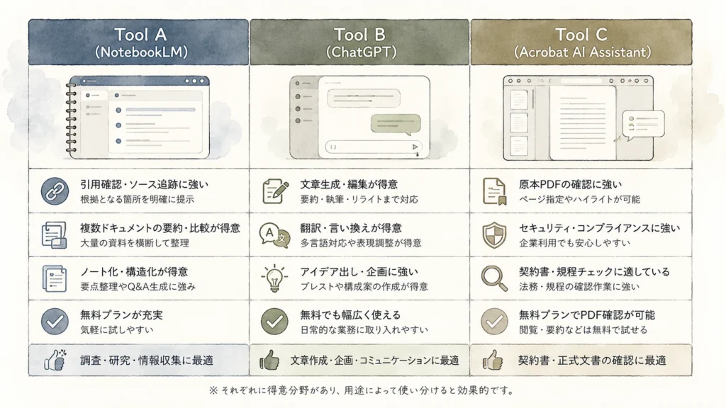 NotebookLM・ChatGPT・Acrobat AI Assistantの特徴比較図