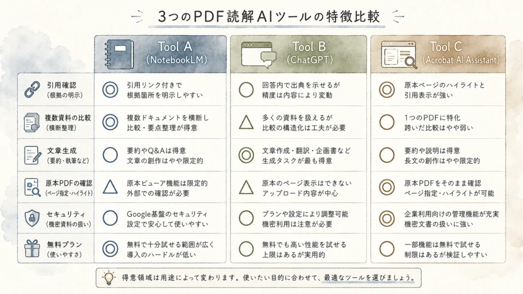 用途別にNotebookLM・ChatGPT・Acrobatを使い分けるパターン図