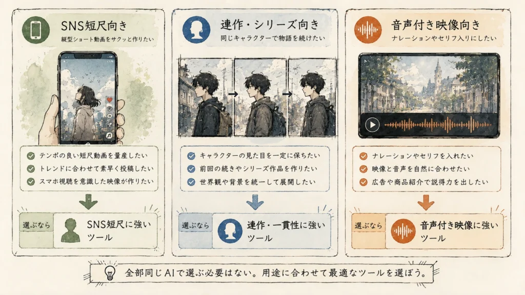 SNS・YouTube・広告用途別の動画AI選択分岐チャート