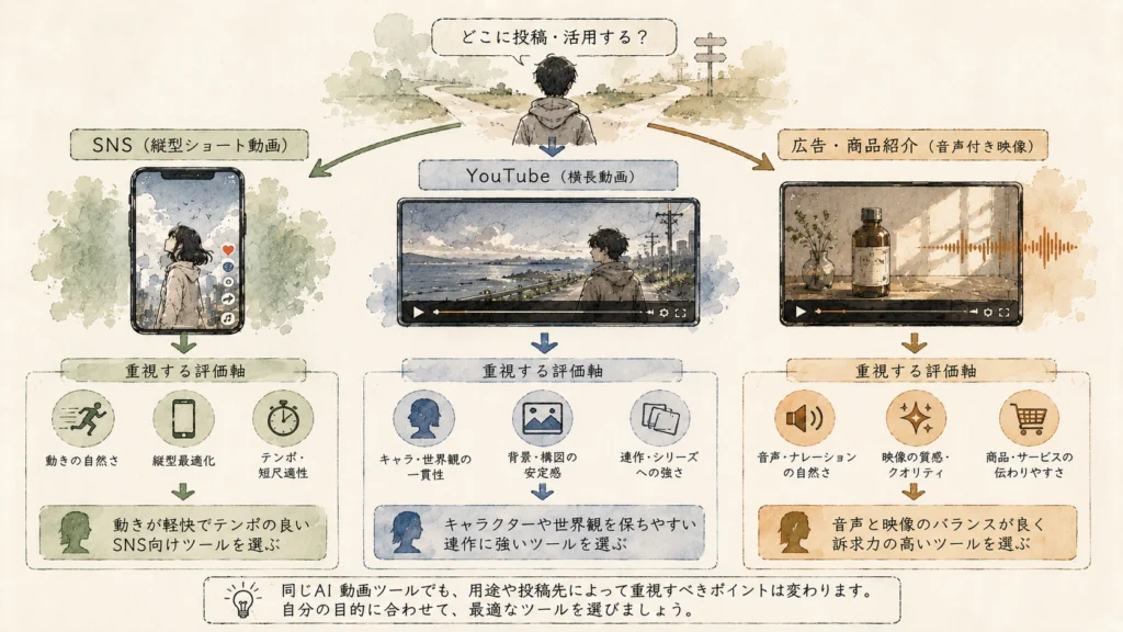 無料枠で3社比較して1本に絞る動画AI試用フロー図
