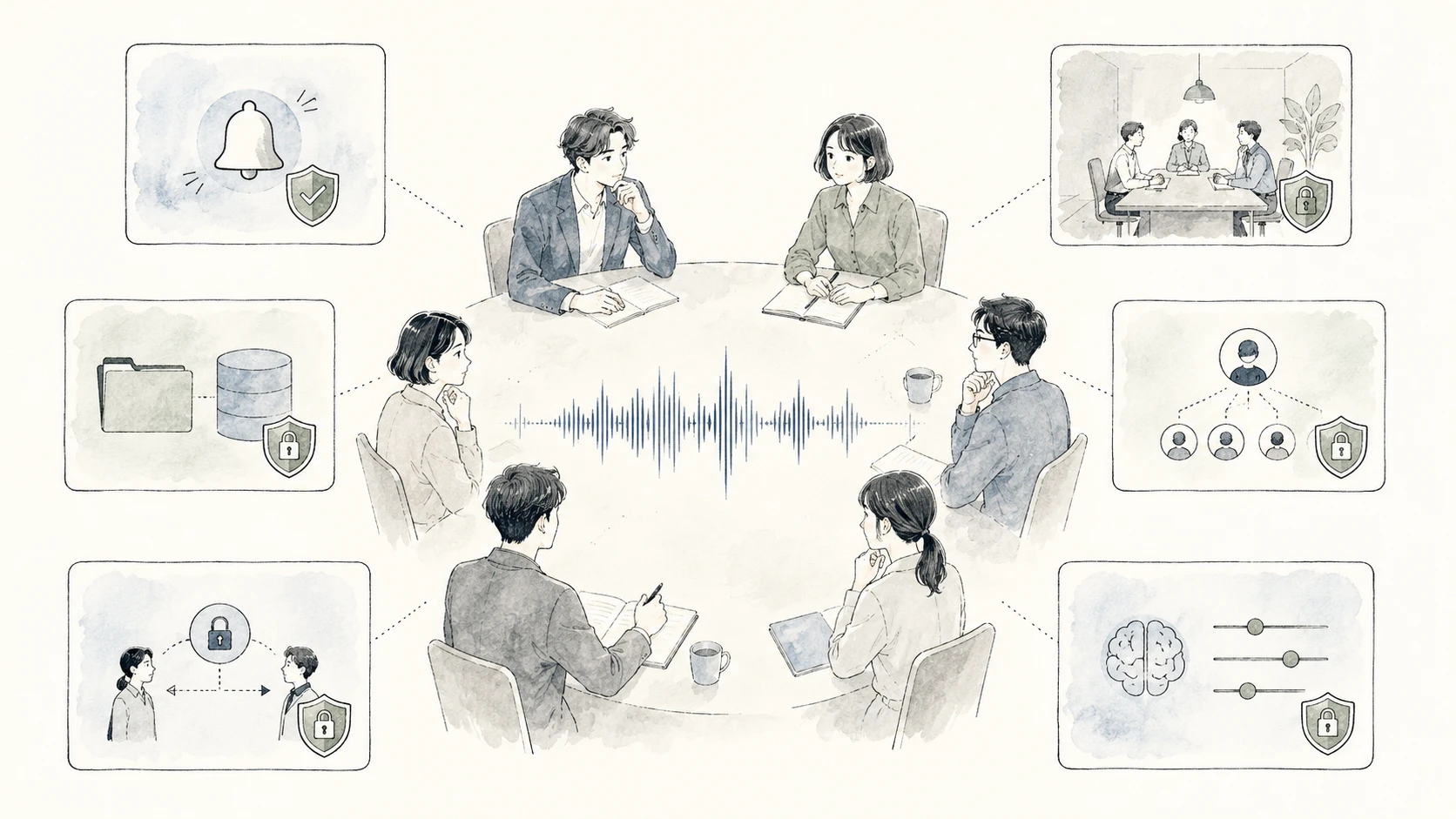 AI議事録ツール導入後に確認する6つの運用ルールを表したイラスト