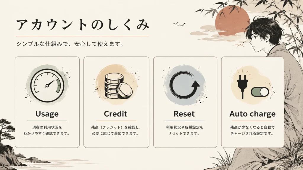 Codexの残り使用量、クレジット残高、リセット表示、自動チャージ設定を4つに分けて整理した図解