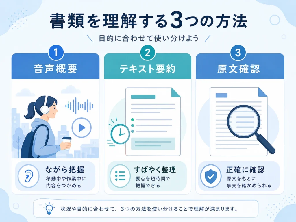 音声概要、テキスト要約、原文確認の使い分けを示した図解